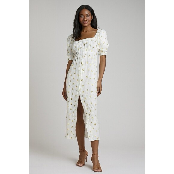 NWT Anthropologie OPT White & Yellow Floral Tie Waist Puff Sleeve Maxi Dress M - Picture 14 of 14